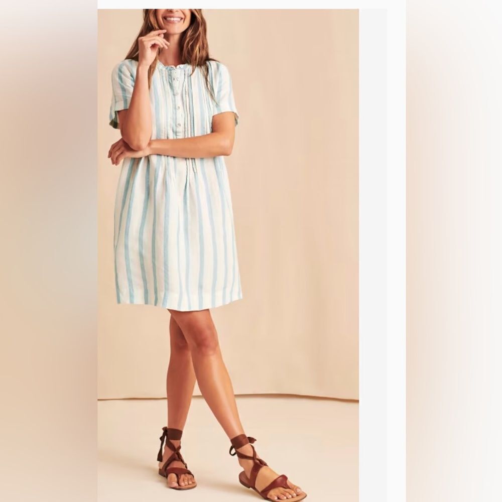 Faherty Gemina 100% Linen Strip Blue Dress Mini Short Sleeve Xs